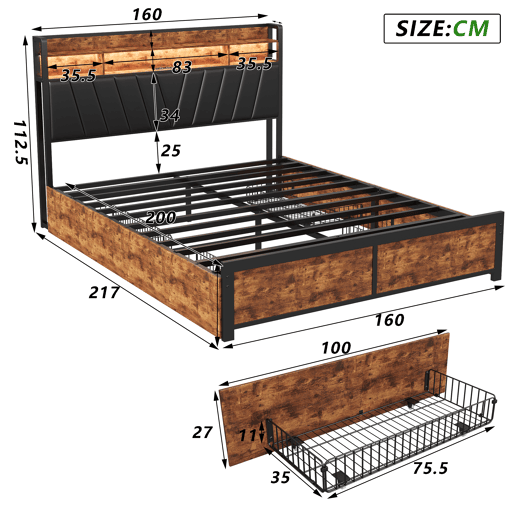 Cama estofada com dimensões 160*200cm, estrutura de ripas, cabeceira, LED, prateleira, 4 gavetas e construção metálica para quarto juvenil ou quarto de casal