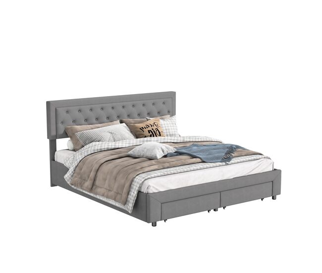 Cama tapizada en terciopelo gris de 160x200cm, cama doble con cajón, función hidráulica, somier de láminas, estructura de madera maciza como canapé.