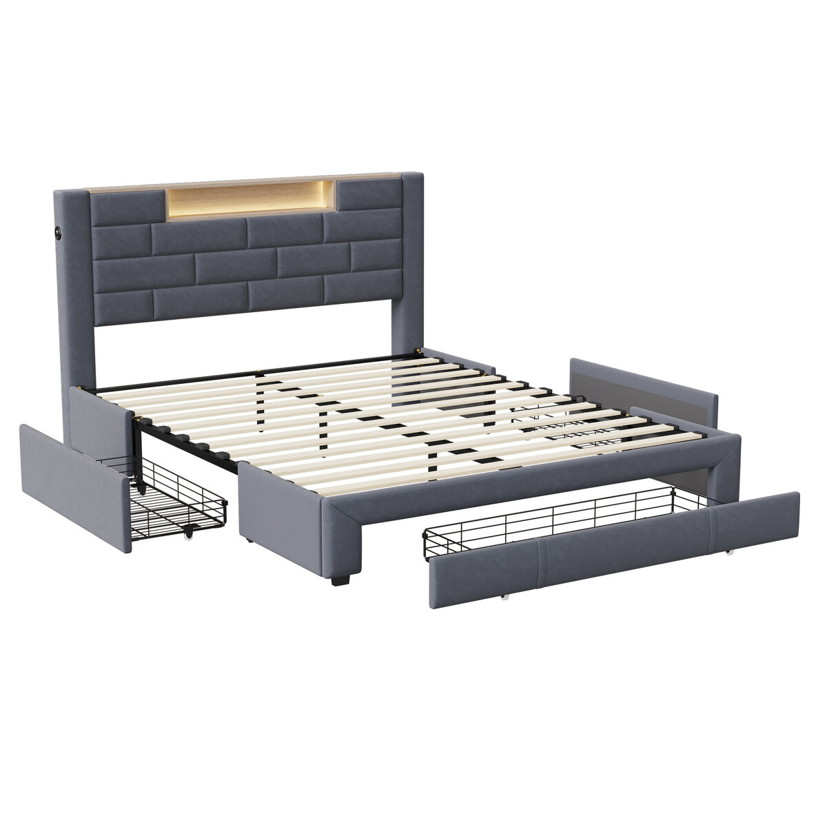 Cama tapizada 140x200 cm con función de carga usb y tipo-c, 3 cajones, somier de láminas y funda de terciopelo, cama juvenil y doble, diseño clásico