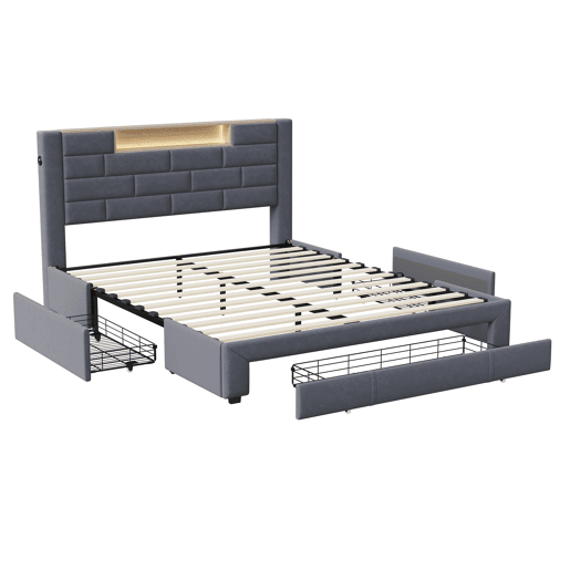 Cama estofada 140x200 cm com função de carregamento USB e tipo C, 3 gavetas, estrutura de ripas e capa em veludo, cama jovem e de casal, design clássico Cama estofada 140x200 cm com função de carregamento USB e tipo C, 3 gavetas, estrutura de ripas e capa em veludo, cama jovem e de casal, design clássico