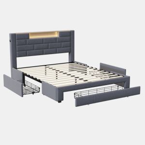 Cama estofada 140x200 cm com função de carregamento USB e tipo C, 3 gavetas, estrutura de ripas e capa em veludo, cama jovem e de casal, design clássico