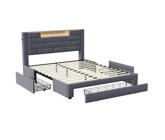 Cama tapizada 140x200 cm con función de carga usb y tipo-c, 3 cajones, somier de láminas y funda de terciopelo, cama juvenil y doble, diseño clásico
