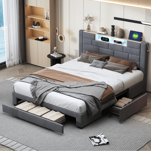 Cama estofada 140x200 cm com função de carregamento USB e tipo C, 3 gavetas, estrutura de ripas e capa em veludo, cama jovem e de casal, design clássico Cama estofada 140x200 cm com função de carregamento USB e tipo C, 3 gavetas, estrutura de ripas e capa em veludo, cama jovem e de casal, design clássico