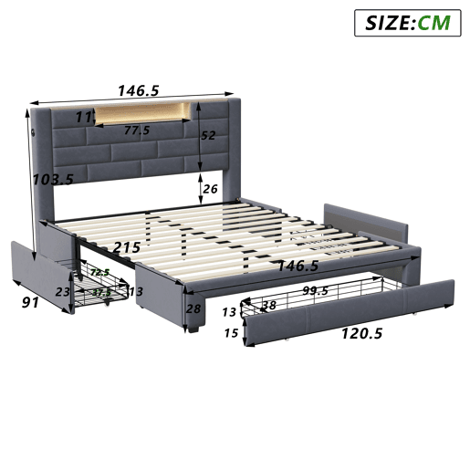 Cama estofada 140x200 cm com função de carregamento USB e tipo C, 3 gavetas, estrutura de ripas e capa em veludo, cama jovem e de casal, design clássico Cama estofada 140x200 cm com função de carregamento USB e tipo C, 3 gavetas, estrutura de ripas e capa em veludo, cama jovem e de casal, design clássico