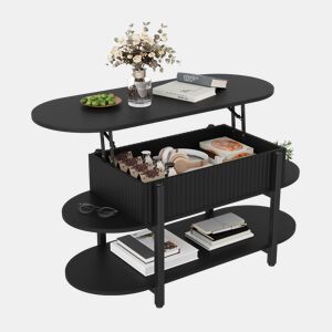 Mesa de centro elevável oval preta, design moderno, pés metálicos pretos, múltiplos espaços de arrumação