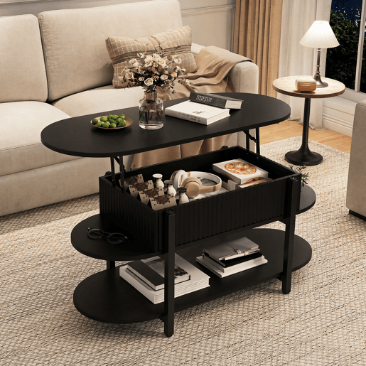 Mesa de centro elevável oval preta, design moderno, pés metálicos pretos, múltiplos espaços de arrumação Mesa de centro elevável oval preta, design moderno, pés metálicos pretos, múltiplos espaços de arrumação