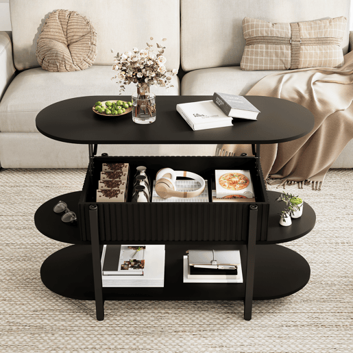 Mesa de centro elevável oval preta, design moderno, pés metálicos pretos, múltiplos espaços de arrumação Mesa de centro elevável oval preta, design moderno, pés metálicos pretos, múltiplos espaços de arrumação