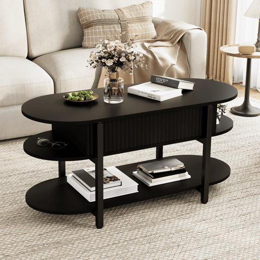 Mesa de centro elevável oval preta, design moderno, pés metálicos pretos, múltiplos espaços de arrumação Mesa de centro elevável oval preta, design moderno, pés metálicos pretos, múltiplos espaços de arrumação