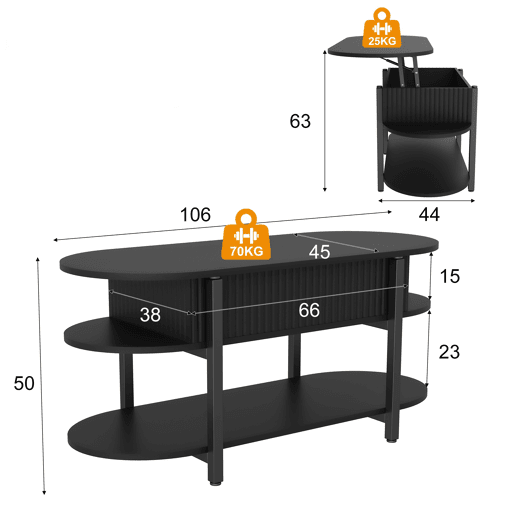 Mesa de centro elevável oval preta, design moderno, pés metálicos pretos, múltiplos espaços de arrumação Mesa de centro elevável oval preta, design moderno, pés metálicos pretos, múltiplos espaços de arrumação