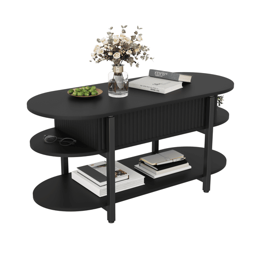 Mesa de centro elevável oval preta, design moderno, pés metálicos pretos, múltiplos espaços de arrumação Mesa de centro elevável oval preta, design moderno, pés metálicos pretos, múltiplos espaços de arrumação