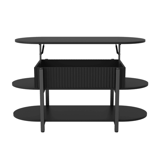 Mesa de centro elevável oval preta, design moderno, pés metálicos pretos, múltiplos espaços de arrumação Mesa de centro elevável oval preta, design moderno, pés metálicos pretos, múltiplos espaços de arrumação
