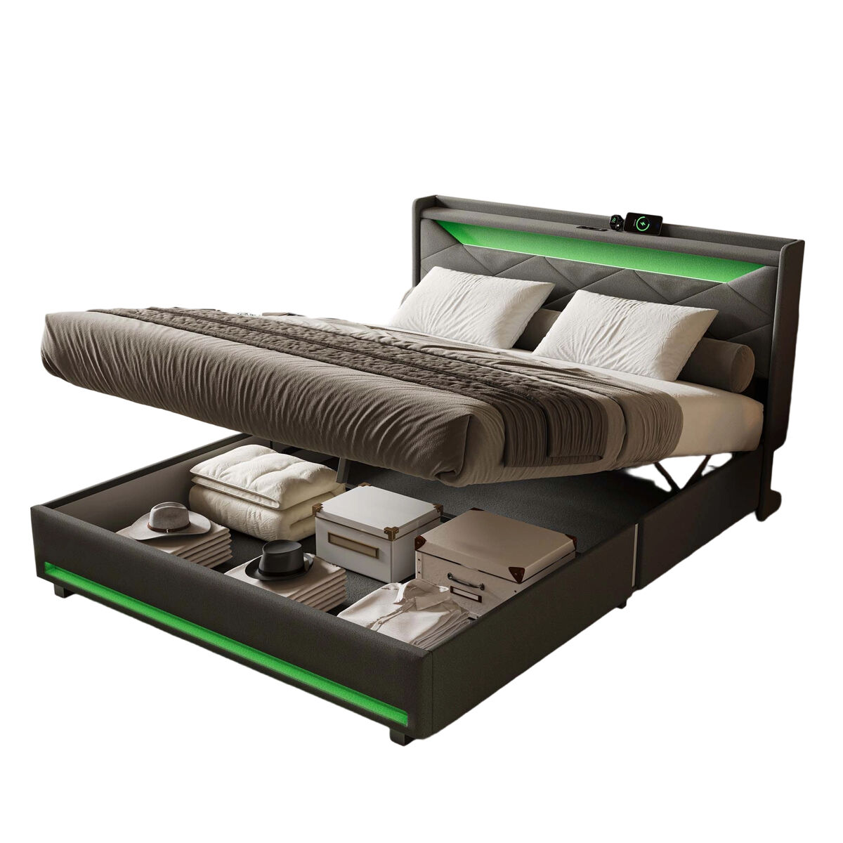 Cama doble de 160x200 cm con almacenaje e iluminación led – tapizada en tela gris con puerto usb, toma tipo c y amortiguadores de gas.