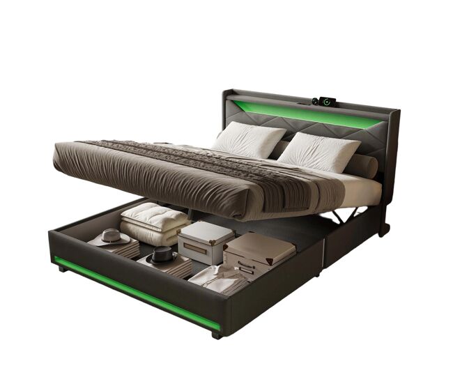 Cama doble de 160x200 cm con almacenaje e iluminación led – tapizada en tela gris con puerto usb, toma tipo c y amortiguadores de gas.