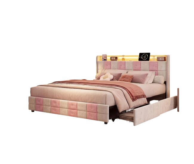 Cama con almacenamiento de 140x190 cm con iluminación LED RGB, cabecero con puertos USB y 4 cajones de almacenamiento – Terciopelo suave – Diseño moderno