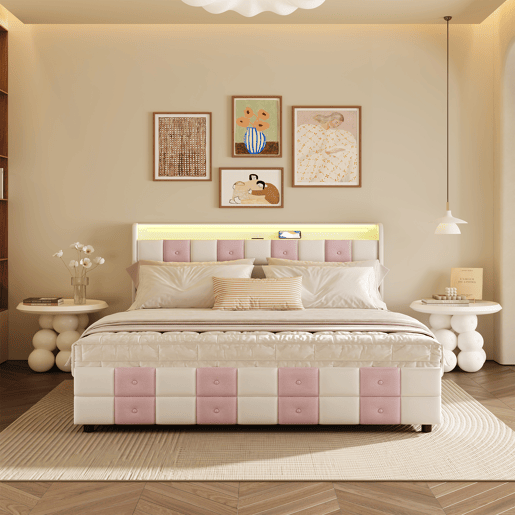 Cama com baú 140x190 cm - LED RGB - cabeceira com portas USB - 4 gavetas - veludo macio - design moderno Cama com baú 140x190 cm - LED RGB - cabeceira com portas USB - 4 gavetas - veludo macio - design moderno