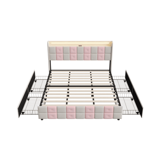 Cama com baú 140x190 cm - LED RGB - cabeceira com portas USB - 4 gavetas - veludo macio - design moderno Cama com baú 140x190 cm - LED RGB - cabeceira com portas USB - 4 gavetas - veludo macio - design moderno