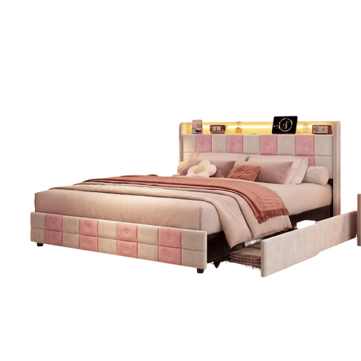 Cama com baú 140x200 cm - LED RGB - cabeceira com portas USB e 4 gavetas - veludo macio - design moderno Cama com baú 140x200 cm - LED RGB - cabeceira com portas USB e 4 gavetas - veludo macio - design moderno