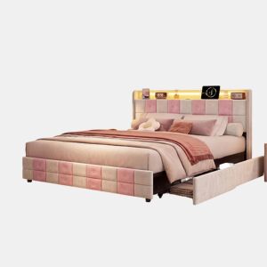 Cama com baú 140x200 cm - LED RGB - cabeceira com portas USB e 4 gavetas - veludo macio - design moderno