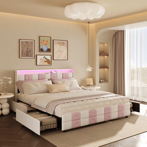 Cama com baú 140x200 cm - LED RGB - cabeceira com portas USB e 4 gavetas - veludo macio - design moderno Cama com baú 140x200 cm - LED RGB - cabeceira com portas USB e 4 gavetas - veludo macio - design moderno