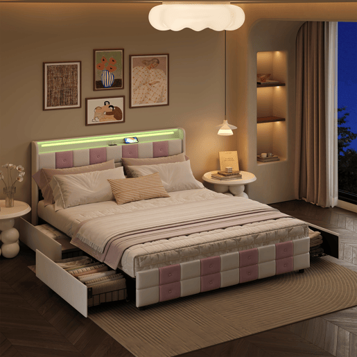 Cama com baú 140x200 cm - LED RGB - cabeceira com portas USB e 4 gavetas - veludo macio - design moderno Cama com baú 140x200 cm - LED RGB - cabeceira com portas USB e 4 gavetas - veludo macio - design moderno