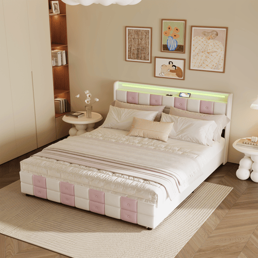 Cama com baú 140x200 cm - LED RGB - cabeceira com portas USB e 4 gavetas - veludo macio - design moderno Cama com baú 140x200 cm - LED RGB - cabeceira com portas USB e 4 gavetas - veludo macio - design moderno