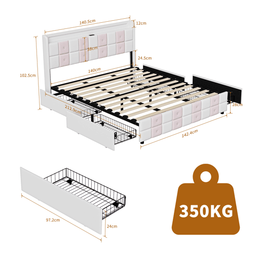 Cama com baú 140x200 cm - LED RGB - cabeceira com portas USB e 4 gavetas - veludo macio - design moderno Cama com baú 140x200 cm - LED RGB - cabeceira com portas USB e 4 gavetas - veludo macio - design moderno