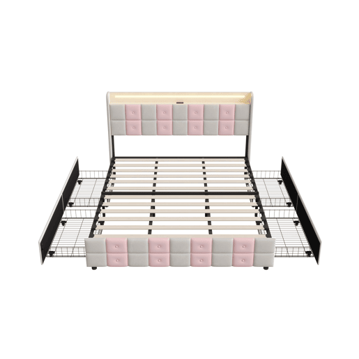Cama com baú 140x200 cm - LED RGB - cabeceira com portas USB e 4 gavetas - veludo macio - design moderno Cama com baú 140x200 cm - LED RGB - cabeceira com portas USB e 4 gavetas - veludo macio - design moderno