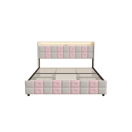Cama com baú 140x200 cm - LED RGB - cabeceira com portas USB e 4 gavetas - veludo macio - design moderno Cama com baú 140x200 cm - LED RGB - cabeceira com portas USB e 4 gavetas - veludo macio - design moderno