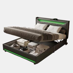 Cama de casal 140x200 cm com arrumação e iluminação LED u2013 Tecido cinzento com porta USB, tomada tipo C e amortecedores a gás.