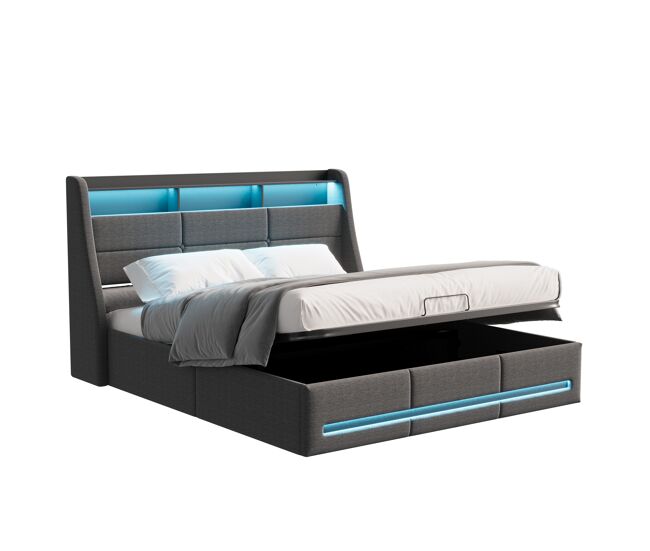 Cama con almacenaje, iluminación led y toma de corriente integrada, tapizada en tela gris – 140x190 cm – estructura con elevadores hidráulicos,