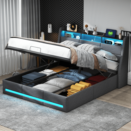 Cama com arrumação, iluminação LED e tomada elétrica integrada em tecido cinzento u2013 140x190 cm u2013 Estrutura com elevadores hidráulicos, cabeceira e peseira iluminadas, amplo espaço de arrumação Cama com arrumação, iluminação LED e tomada elétrica integrada em tecido cinzento u2013 140x190 cm u2013 Estrutura com elevadores hidráulicos, cabeceira e peseira iluminadas, amplo espaço de arrumação
