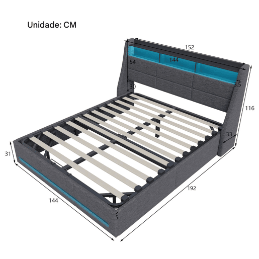Cama com arrumação, iluminação LED e tomada elétrica integrada em tecido cinzento u2013 140x190 cm u2013 Estrutura com elevadores hidráulicos, cabeceira e peseira iluminadas, amplo espaço de arrumação Cama com arrumação, iluminação LED e tomada elétrica integrada em tecido cinzento u2013 140x190 cm u2013 Estrutura com elevadores hidráulicos, cabeceira e peseira iluminadas, amplo espaço de arrumação