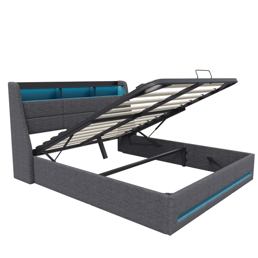 Cama com arrumação, iluminação LED e tomada elétrica integrada em tecido cinzento u2013 140x190 cm u2013 Estrutura com elevadores hidráulicos, cabeceira e peseira iluminadas, amplo espaço de arrumação Cama com arrumação, iluminação LED e tomada elétrica integrada em tecido cinzento u2013 140x190 cm u2013 Estrutura com elevadores hidráulicos, cabeceira e peseira iluminadas, amplo espaço de arrumação