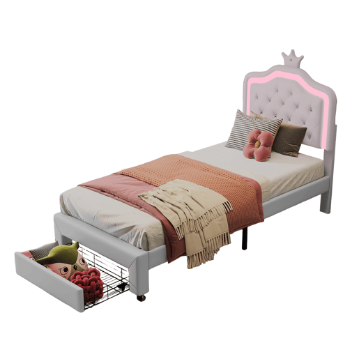 Cama estofada 90 x 200 cm com 1 gaveta e luzes LED - padrĂ£o guirlanda - estrado de ripas - branca Cama estofada 90 x 200 cm com 1 gaveta e luzes LED - padrĂ£o guirlanda - estrado de ripas - branca