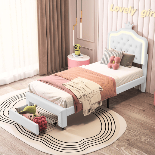 Cama estofada 90 x 200 cm com 1 gaveta e luzes LED - padrĂ£o guirlanda - estrado de ripas - branca Cama estofada 90 x 200 cm com 1 gaveta e luzes LED - padrĂ£o guirlanda - estrado de ripas - branca