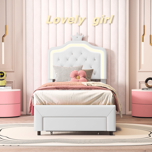 Cama estofada 90 x 200 cm com 1 gaveta e luzes LED - padrĂ£o guirlanda - estrado de ripas - branca Cama estofada 90 x 200 cm com 1 gaveta e luzes LED - padrĂ£o guirlanda - estrado de ripas - branca