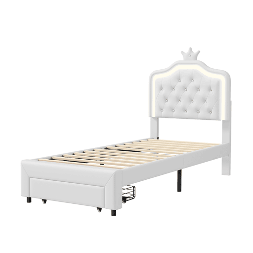 Cama estofada 90 x 200 cm com 1 gaveta e luzes LED - padrĂ£o guirlanda - estrado de ripas - branca Cama estofada 90 x 200 cm com 1 gaveta e luzes LED - padrĂ£o guirlanda - estrado de ripas - branca