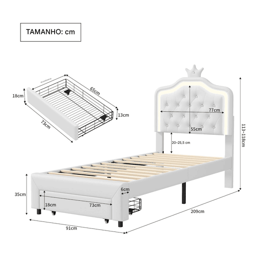 Cama estofada 90 x 200 cm com 1 gaveta e luzes LED - padrĂ£o guirlanda - estrado de ripas - branca Cama estofada 90 x 200 cm com 1 gaveta e luzes LED - padrĂ£o guirlanda - estrado de ripas - branca