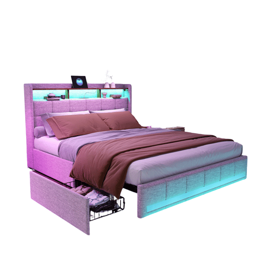Cama 180x200 cm - LED - USBType-C - 4 gavetas - linho bege - capitonê - cama dupla