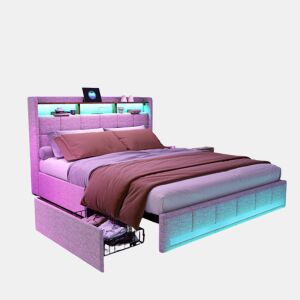 Cama 180x200 cm - LED - USBType-C - 4 gavetas - linho bege - capitonê - cama dupla