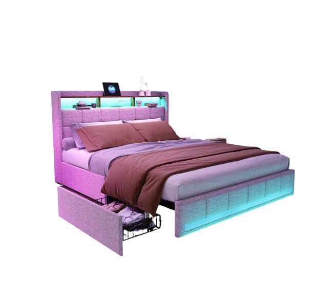 Cama lino tapizada USB LED, somier lamas y cuatro cajones 188x218