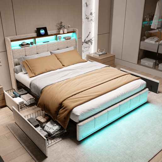 Cama 180x200 cm - LED - USBType-C - 4 gavetas - linho bege - capitonê - cama dupla
