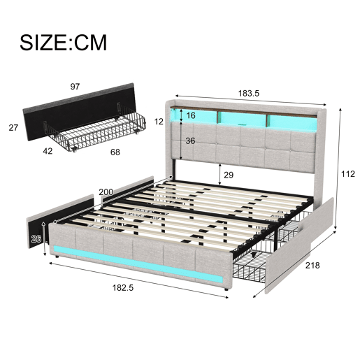 Cama 180x200 cm - LED - USBType-C - 4 gavetas - linho bege - capitonê - cama dupla