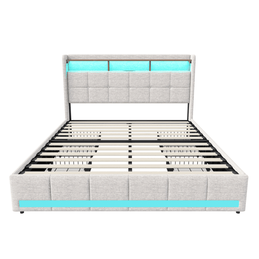 Cama 180x200 cm - LED - USBType-C - 4 gavetas - linho bege - capitonê - cama dupla
