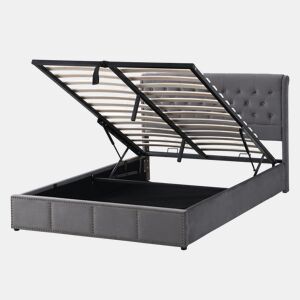 Cama com baú dupla 160x200 cm - veludo - estrado de ripas - cinza - estilo escandinavo