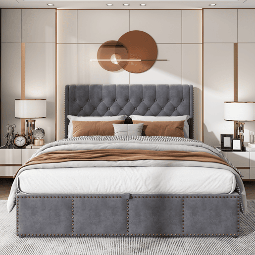 Cama com baú dupla 160x200 cm - veludo - estrado de ripas - cinza - estilo escandinavo