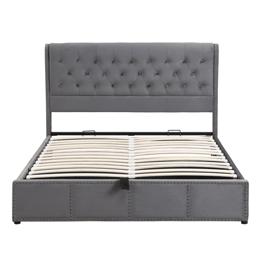 Cama com baú dupla 160x200 cm - veludo - estrado de ripas - cinza - estilo escandinavo