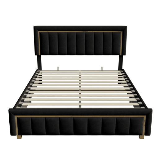 Cama de arrumação 140x200cm, cama de casal com estrado de ripas e cabeceira e peseira com orla banhada a ouro, madeira e flanela, preto Cama de arrumação 140x200cm, cama de casal com estrado de ripas e cabeceira e peseira com orla banhada a ouro, madeira e flanela, preto