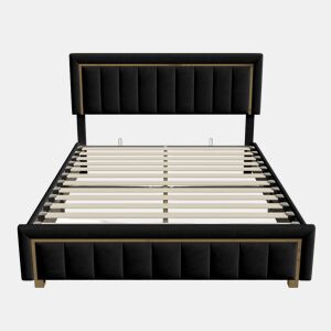 Cama de arrumação 140x200cm, cama de casal com estrado de ripas e cabeceira e peseira com orla banhada a ouro, madeira e flanela, preto