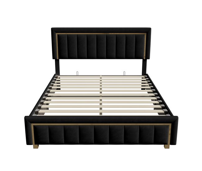 Cama contenedor 140x200 cm, cama doble con somier y cabecero y pies con borde dorado, madera y franela, color negro